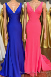 Royal Blue V-Neck Open Back Mermaid Long Semi Formal Prom Dress
